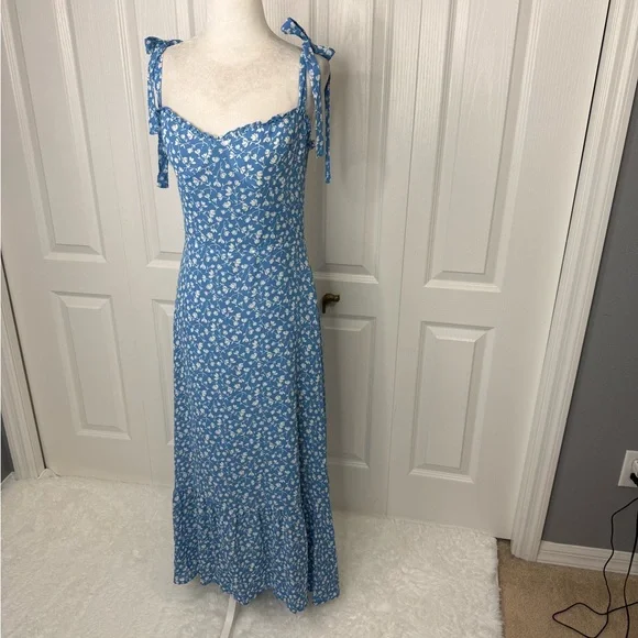 Reformation Blue Floral Tie Strap Midi Dress Size 8 Smocked Back Viscose - Picture 9 of 14